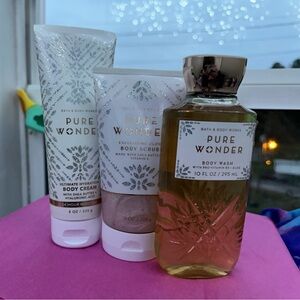 Pure wonder 
Bath and body works
Body wash 
Body lotion 
Body scrub